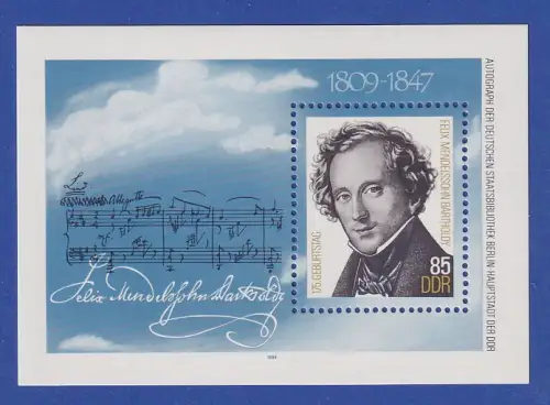 DDR 1984 Mendelssohn-Bartholdy Mi.-Nr. Block 76 postfrisch ** / MNH 