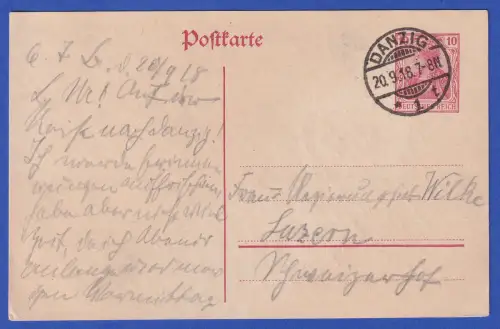 Dt. Reich Ganzsache Postkarte O DANZIG gelaufen nach Luzern (CH) 1918