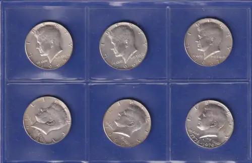 USA Kennedy Half Dollar Lot 6 Silbermünzen 1965-1970 je 11,5g/Ag400