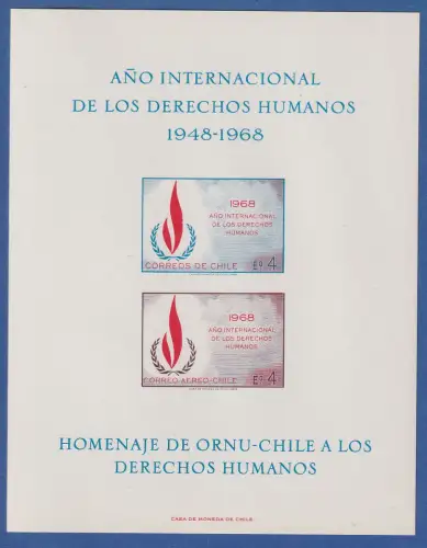 Chile 1968 Jahr der Menschenrechte Gedenkblatt mit Mi.-Nr. 716-17 