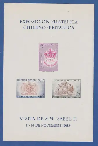 Chile 1968 Staatsbesuch Königin Elisabeth II. Gedenkblatt mit Mi.-Nr. 691-693