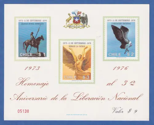 Chile 1978 3 Jahre Militärregierung Gedenkblatt mit Mi.-Nr. 859-861