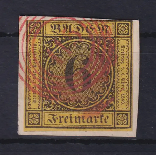Baden 1854 Wertziffer 6 Kreuzer Mi.-Nr. 7 rot gestempelt auf Briefstück