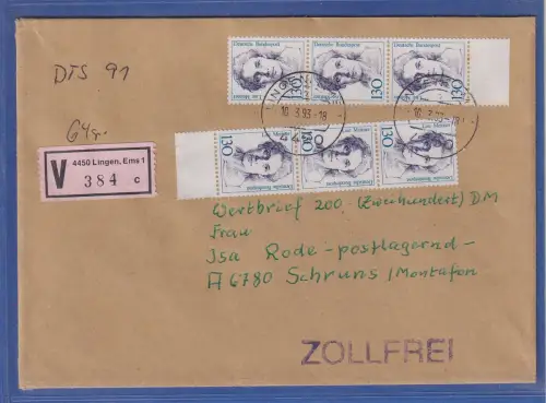 Bund Frauen 130Pfg-Wert Lise Meitner Mi.-Nr. 1366 6x auf A-V-Brief aus Lingen 