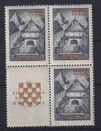 Kroatien / Hrvatska 1941 Zagreb Mi.-Nr. 39A 4er-Block mit 3 Werten und 1 Zf. **