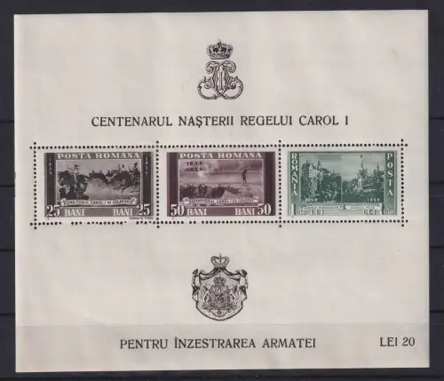 Rumänien 1939 100.Geb. König Karl I.  Mi.-Nr. Block 3 postfrisch **