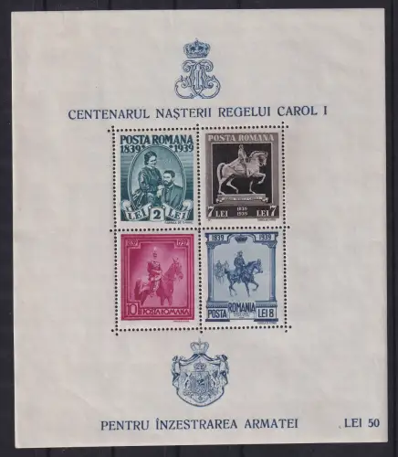 Rumänien 1939 100.Geb. König Karl I.  Mi.-Nr. Block 6 postfrisch **
