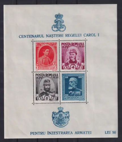 Rumänien 1939 100.Geb. König Karl I.  Mi.-Nr. Block 8 postfrisch **