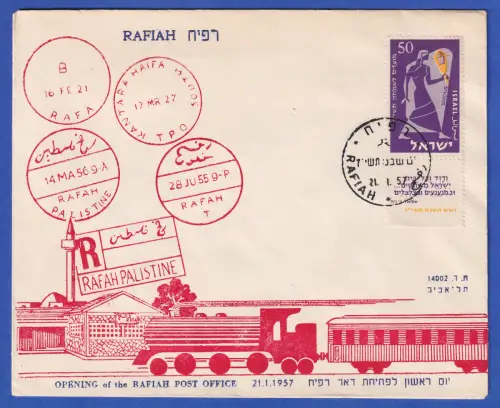 Israel Sonderbrief Eröffnung Postamt Rafiah mit Mi.-Nr. 136  O 21.1.1957