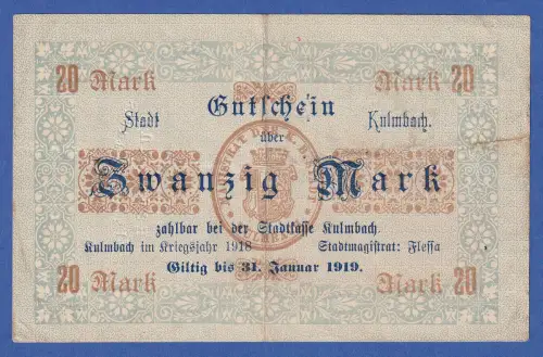 Ersatz-Banknote Notgeld 1918 Stadt Kulmbach Gutschein über 20 Mark 