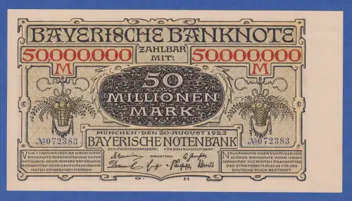 Bayern 1923 Banknote 50 Millionen Mark Staatswappen  bankfrisch ! Top-Erhaltung
