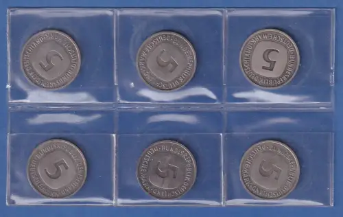 Das schöne gute alte 5-Markstück, 6 Stück, dabei kpl. Satz ADFGJ Jahrgang 2000