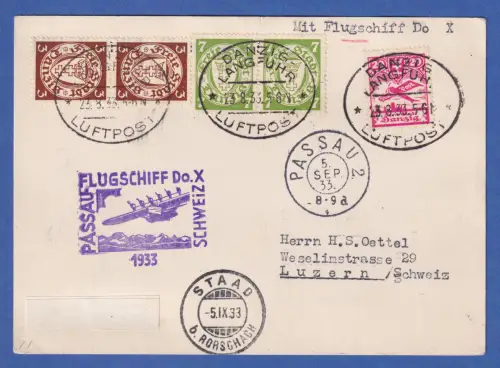Danzig 1933 Do-X Sonderflug Passau - Schweiz Postkarte mit MIF und allen O  RRR 