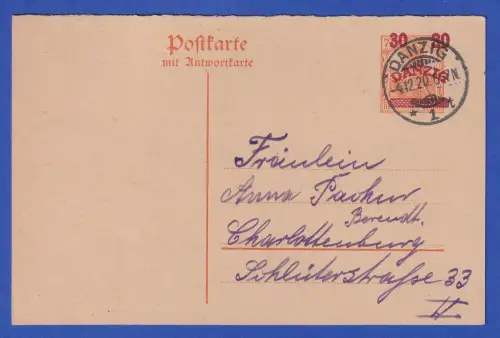 Danzig 1920 Ganzsache Postkarte Mi.-Nr. P8F O DANZIG nach Berlin-Charlottenburg