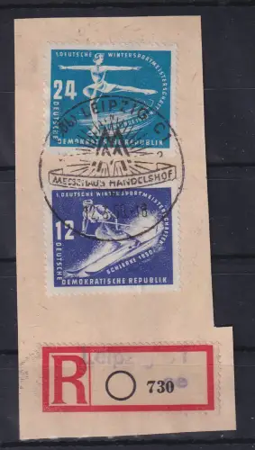 DDR 1950 Wintersport Mi.-Nr. 246-247 So.-O LEIPZIG und R-Vermerk auf Briefstück
