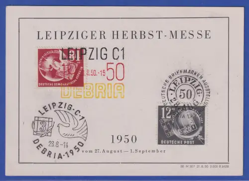 DDR 1950 Messe-Souvenir-Karte mit Mi.-Nr. 245 und 260 mit 3 So.-O DEBRIA LEIPZIG