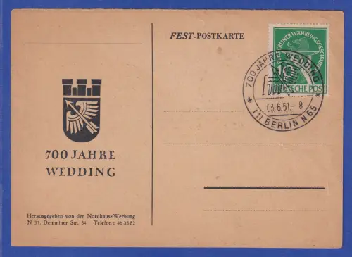 Berlin Mi.-Nr. 68  auf Festpostkarte mit So.-O 700 Jahre Wedding BERLIN 03.6.51