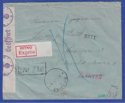 Kroatien 1941 Mi-Nr. 11 und 12 als MIF auf Zensur-Eilbrief O BJELOVAR