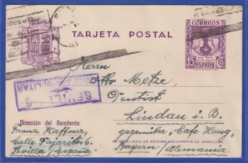 Spanien 1938 GA Postkarte mit Zensur-O gelaufen von Sevilla nach Lindau