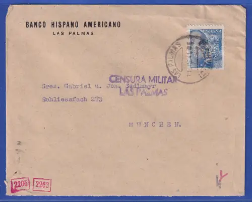 Spanien 1941 Zensur-Brief O CENSURA MILITAR LAS PALMAS nach München