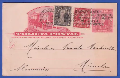 Chile GA Postkarte mit Zufrankatur O SANTIAGO 1912 nach München 1912 