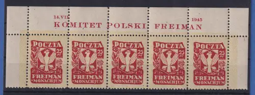 Polen 14.VII.1945 Lager Freimann Briefmarke Poczta 25Pf Oberrand-5er-Streifen **