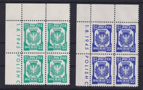 Polen 1.9.1945 Lager Freimann Werte 25 grün und blau weisses Pap. je Viererblock
