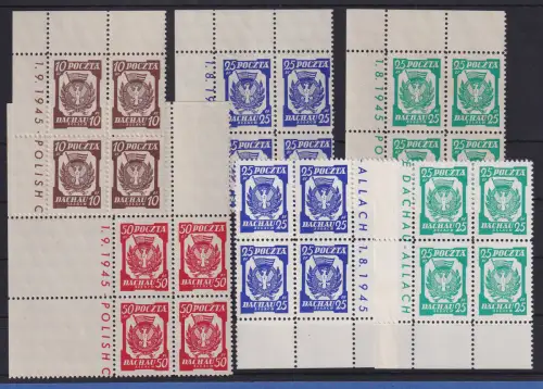 Polen 1.9.1945 Lager Freimann kpl. Satz 6 Eckrand-Viererblocks ** bzw. (*)