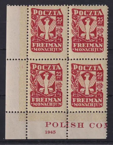 Polen 14.VII.1945 Lager Freimann Briefmarke Poczta 25Pf Eckrand-Viererblock **