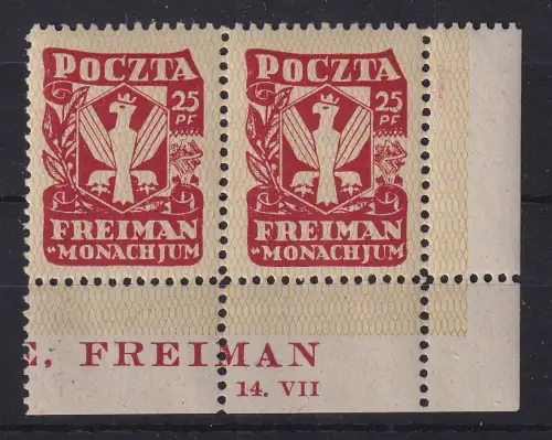 Polen 14.VII.1945 Lager Freimann Briefmarke Poczta 25Pf Eckand-Paar UR **