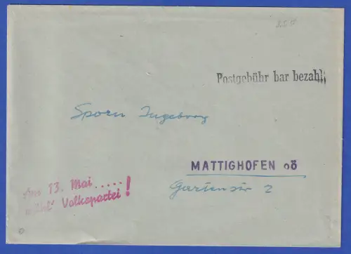 Postgebühr bar bezahlt - Stempel auf Brief, Österreich Mai 1956