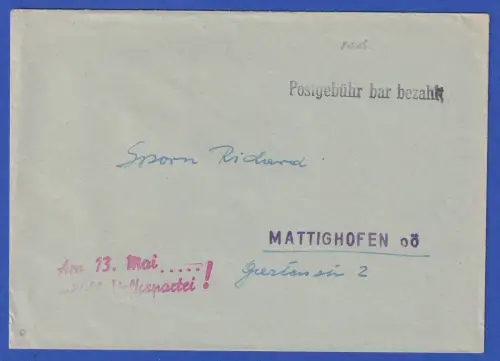 Postgebühr bar bezahlt - Stempel auf Brief, Österreich, Mai 1956