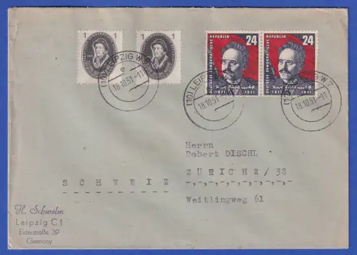 DDR 1951 Mi.-Nr. 294 (Paar) mit 261 (2mal) auf Auslandsbrief O LEIPZIG