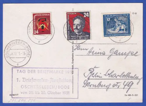 DDR 1951 Mi.-Nr. 293, 294, 295 auf AK Oschersleben O OSCHERSLEBEN