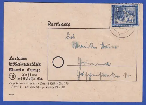 DDR 1951 Tag der Briefmarke Mi.-Nr. 295 als EF auf Postkarte O LASTAU