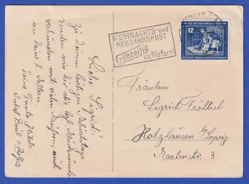 DDR 1951 Tag der Briefmarke Mi.-Nr. 295 als EF auf Grußkarte O LEIPZIG