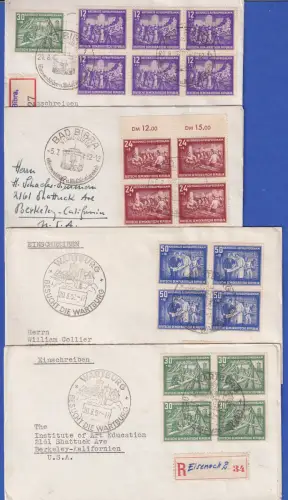 DDR 1952 Mi.-Nr. 303-306 meist je Viererblock auf 4 R-Sammler-Briefen nach USA