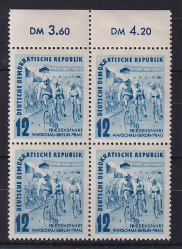 DDR 1952 Friedensfahrt Mi.-Nr. 307 Oberrand-Viererblock postfrisch **