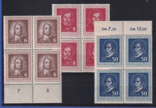 DDR 1952 Komponisten Mi.-Nr. 308-310 je Viererblock postfrisch **