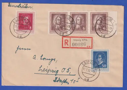 DDR 1952 Komponisten Mi.-Nr. 308-310 als MiF auf R-Brief O LEIPZIG