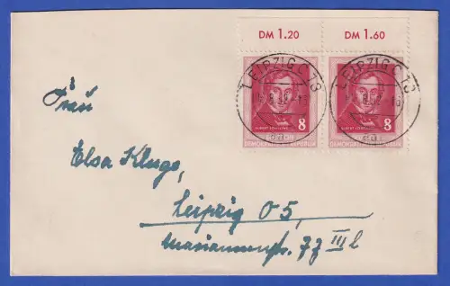 DDR 1952 Lortzing Mi.-Nr. 309 Oberrandpaar als MEF auf Brief O LEIPZIG