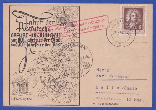 DDR 1952 Händel Mi.-Nr. 308 auf Sonderkarte Postkutschenfahrt Erfurt-Meiningen