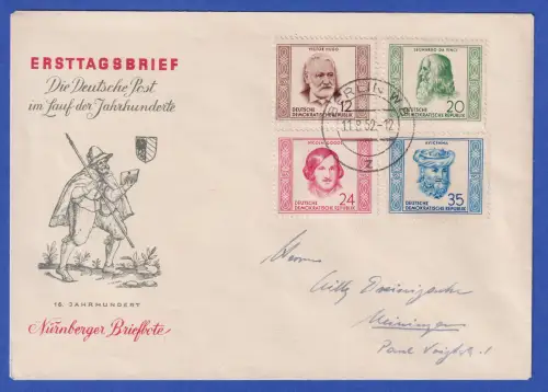 DDR 1952 Persönlichkeiten Mi.-Nr. 311-314 auf FDC mit O BERLIN nach Meiningen