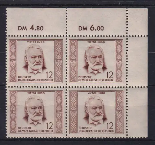 DDR 1952 Persönlichkeiten V. Hugo Mi.-Nr.311 Eckrandviererblock OR postfrisch **
