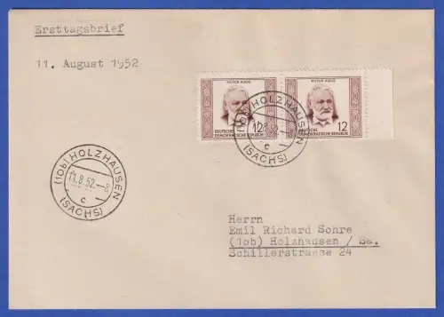DDR 1952 V. Hugo Mi.-Nr. 311 Randpaar als MEF auf FDC O HOLZHAUSEN