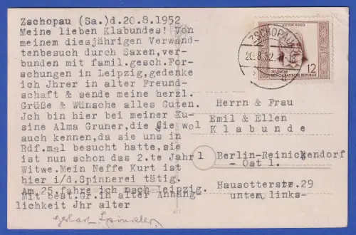 DDR 1952 V. Hugo Mi.-Nr. 311 auf AK Zschopau Burg Wildeck O ZSCHOPAU