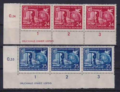 DDR 1952 Leipziger Messe Mi.-Nr.315-316 je ER-3erstreifen m. Druckereizeichen **