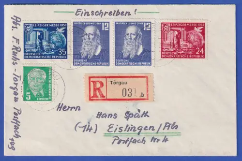 DDR 1952 Mi.-Nr. 315-316, 317, 322 als MiF auf R-Brief O TORGAU