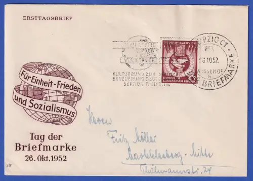 DDR 1952 Tag der Briefmarke Mi.-Nr. 319 auf FDC mit So.-O LEIPZIG