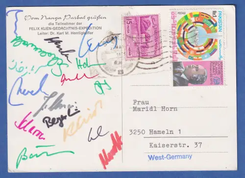 Postkarte Nanga-Parbat Felix Kuen Expedition 1975 mit 16 Bergsteiger-Autogrammen